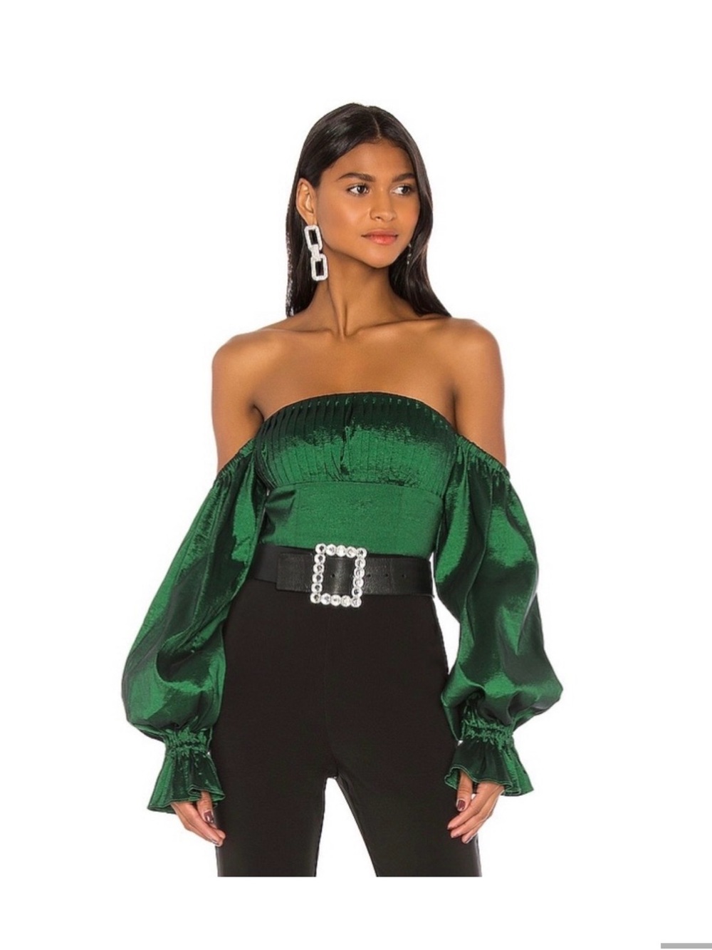 Lovers + Friends Shiny Emerald Green Off-Shoulder Satin Top